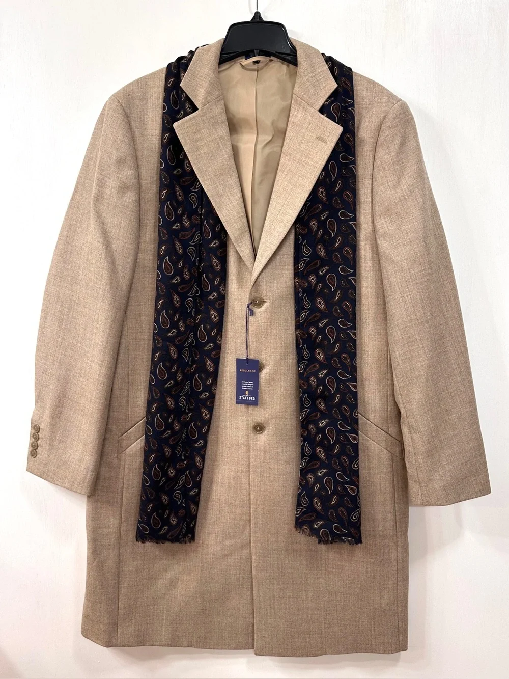 NWT Stafford Mens Sz LARGE 100% Wool Oatmeal Beige Long Coat With Scarf $260